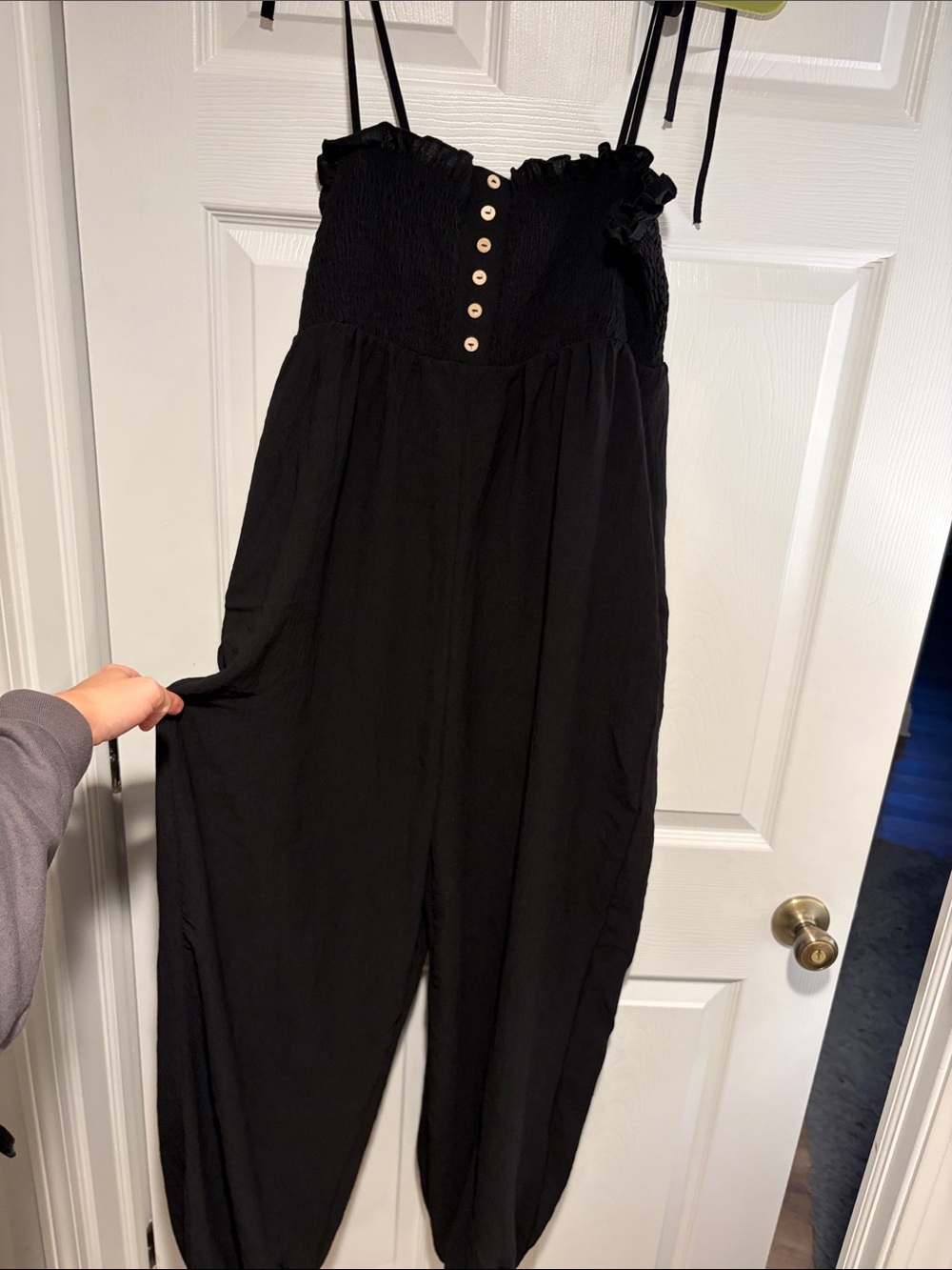 Black Smocked Strap Jumpsuit with Button Detail